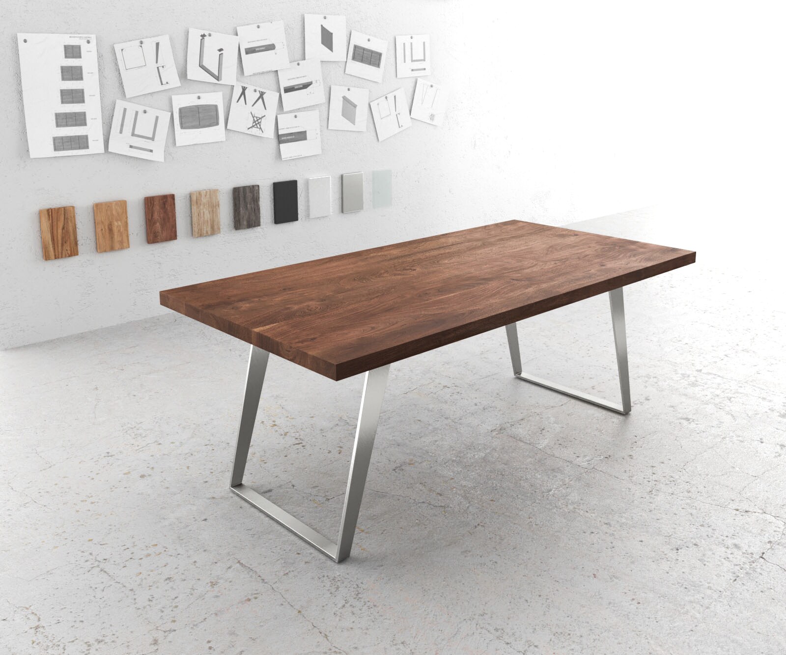 Table-à-manger Edge 200x100 XL acacia marron acier inoxydable incliné