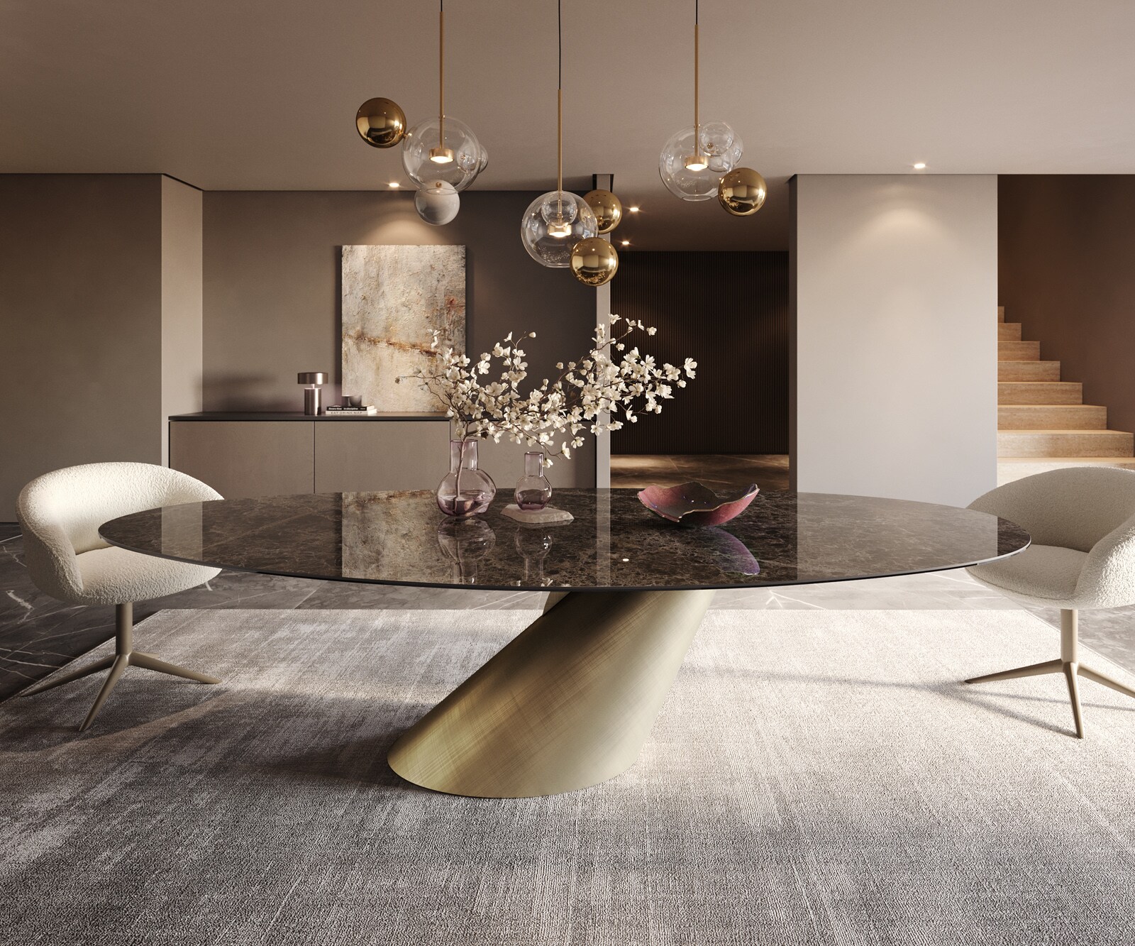 Table de salle à manger Edge Ovale Céramique Emperador Extra Lucidato Brun foncé 280x130 Cono Métallique Or 2