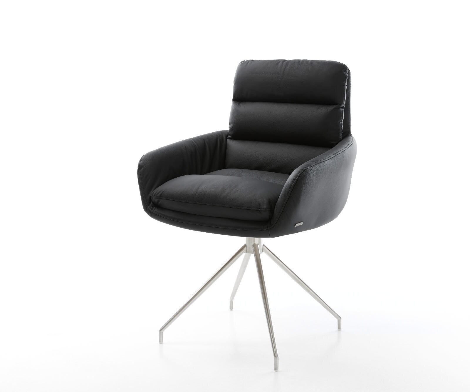 Chaise-de-salle-à-manger Abelia-Flex avec accoudoirs cuir de vache noir pied croisé conique acier inoxydable brossé