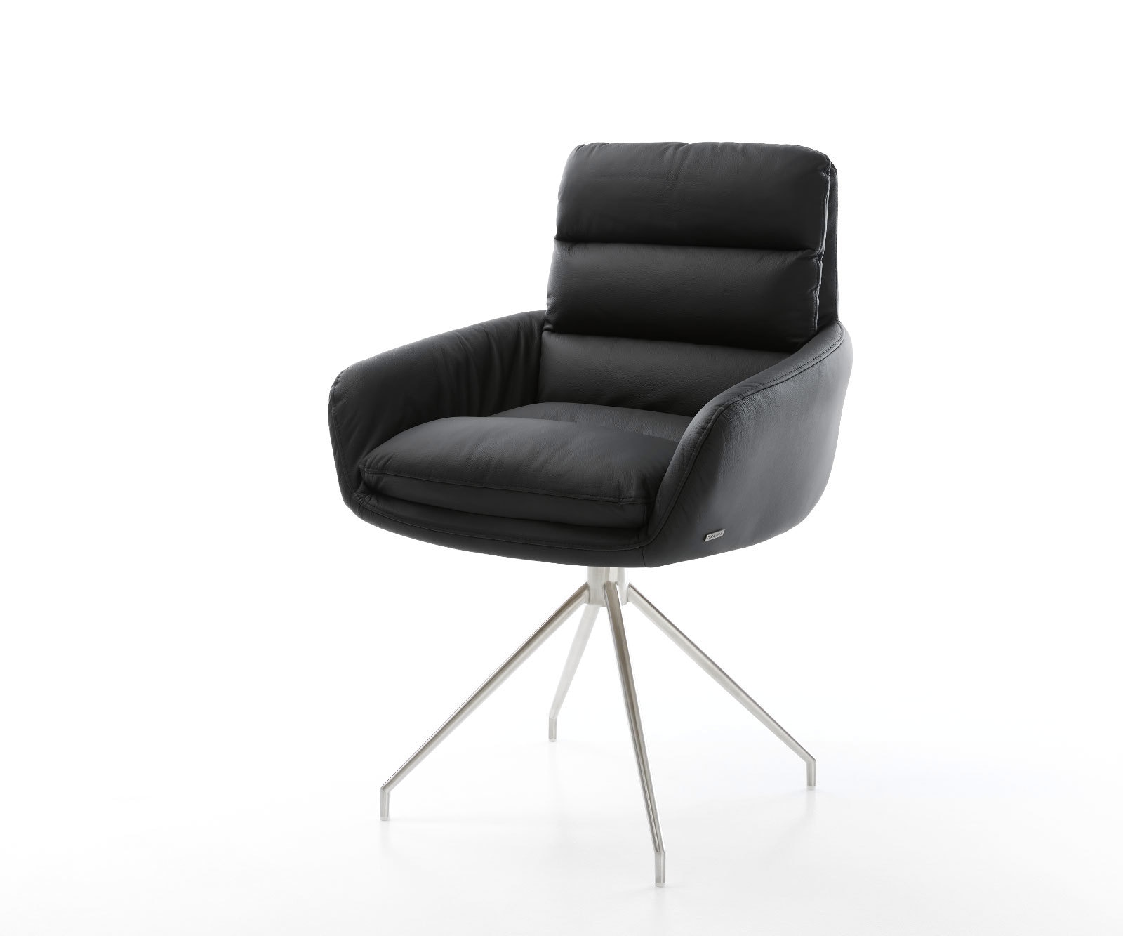 Chaise-de-salle-à-manger Abelia-Flex avec accoudoirs cuir de vache noir pied croisé conique acier inoxydable brossé Chaise-de-salle-à-manger Abelia-Flex avec accoudoirs cuir de vache noir pied croisé conique acier inoxydable brossé