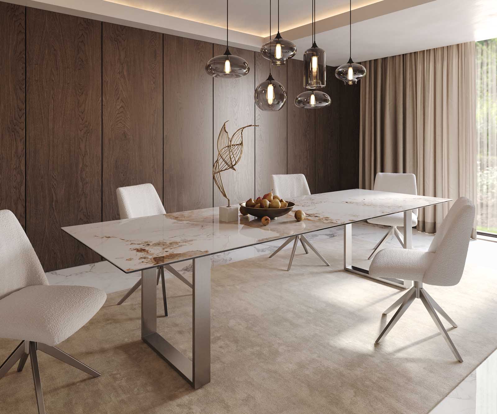 Table à manger Edge 300x100 céramique Minas mélange blanc-beige acier inoxydable mince 1
