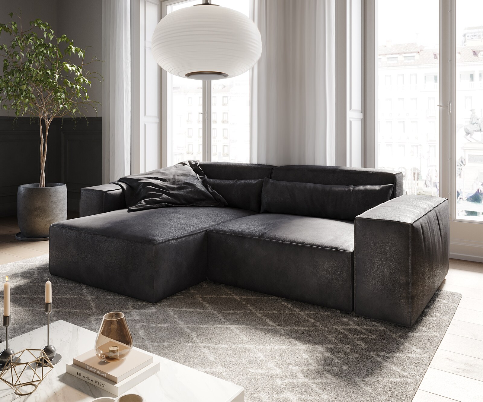 Canapé d'angle Sirpio 230x155 cm Cuir synthétique Vintage Anthracite Recamiere variable