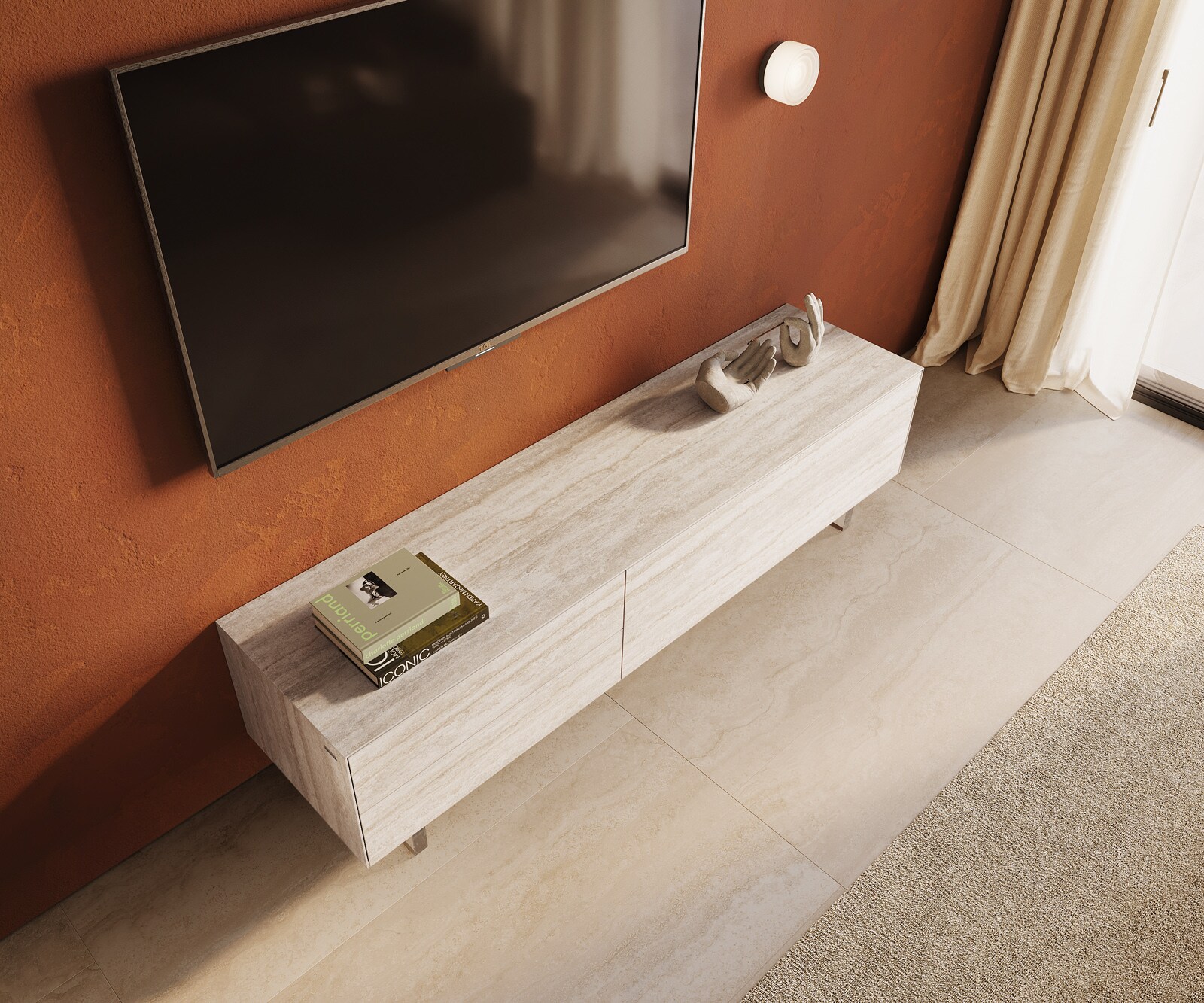 Meuble-TV Cuor 180 cm Céramique Laminam® Travertino Bianco Crème-blanc 1 Clapet 2 Tiroirs Pied optique flottant Verre acrylique 4