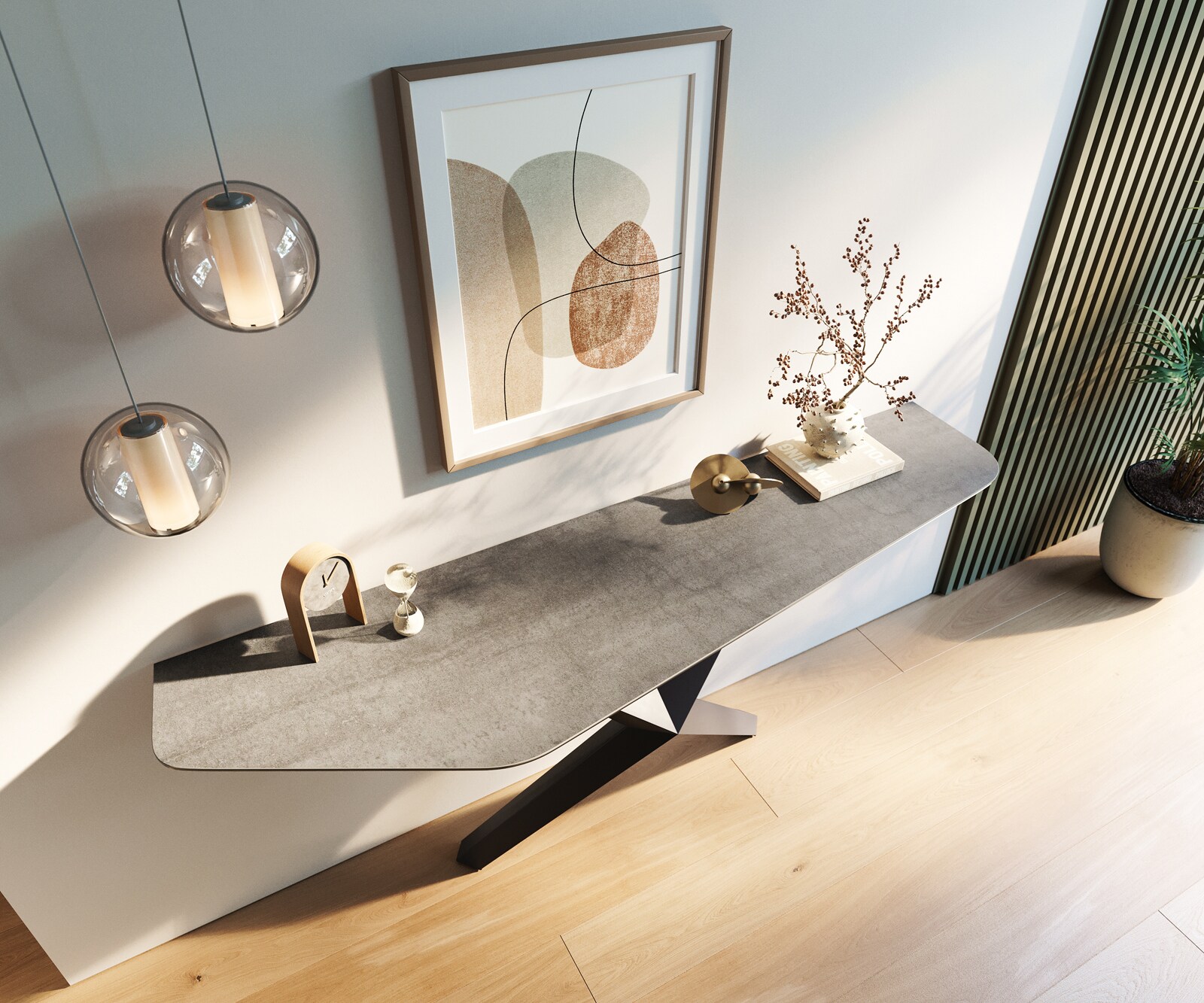 Console Edge Polygonal 180x50 cm Céramique Gris béton Zentharo Métal Noir 2
