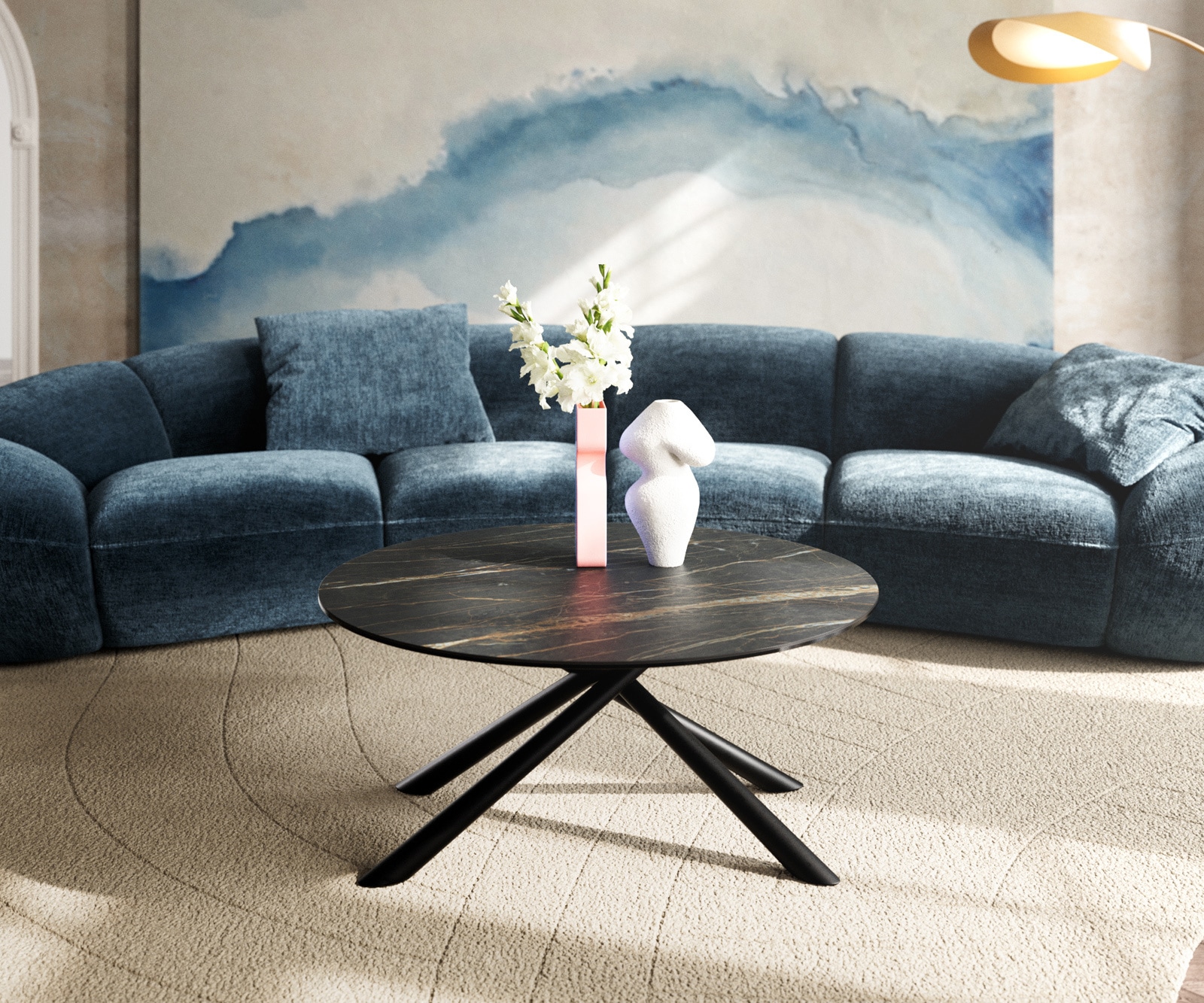 Table basse Edge rond 90x90 cm céramique Laminam® Noir Desir brun Sarity métal noir 2