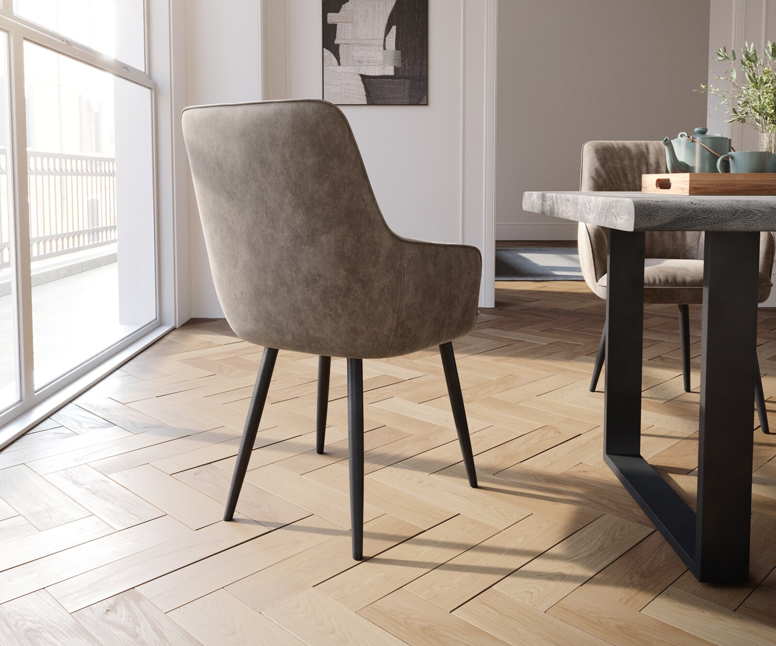 Chaise-de-salle-à-manger Zelia-Flex avec accoudoirs microvelours taupe vintage 4 pieds coniques noir ressorts ensachés 4