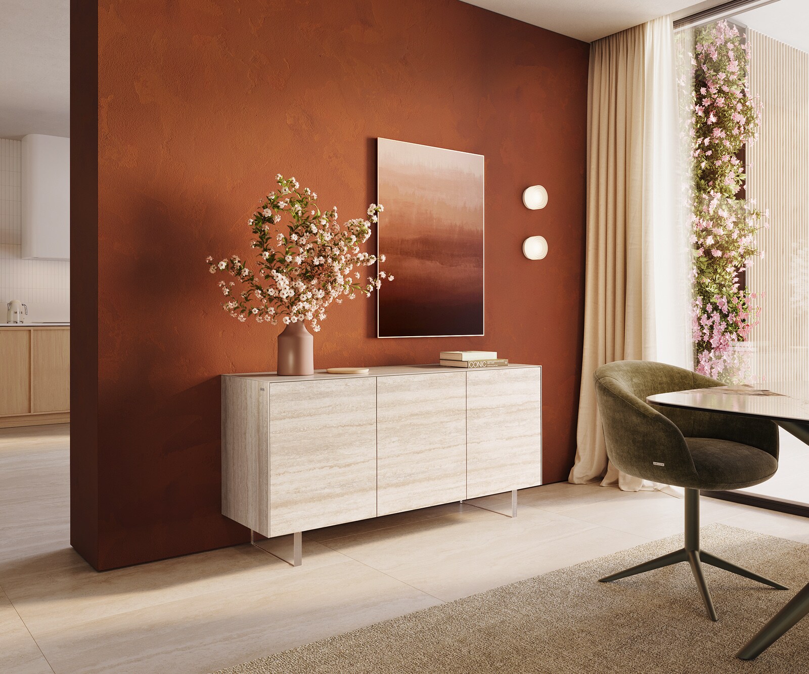 Buffet Cuor 150 cm Céramique Laminam® Travertino Bianco Crème-blanc 3 Portes Pied optique flottant Verre acrylique