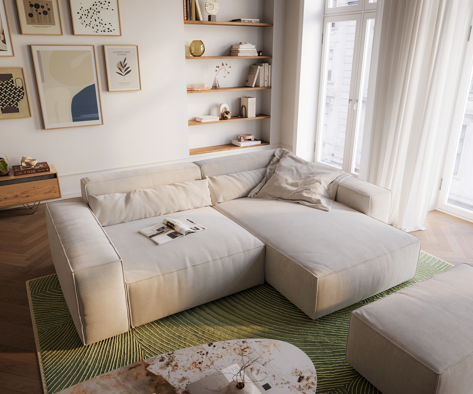 Canapé d'angle Sirpio XL 270x170 cm Tissu texturé doux Beige Méridienne modulable avec pouf 4