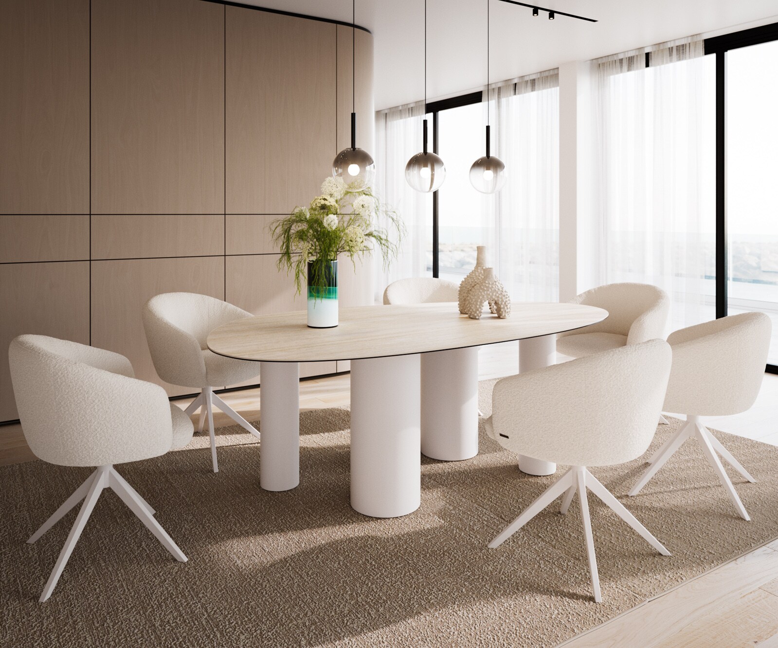Table à manger Edge Ovale 220x120 Céramique Laminam®Travertino Bianco Crème-Blanc Pilier Métal Blanc 6