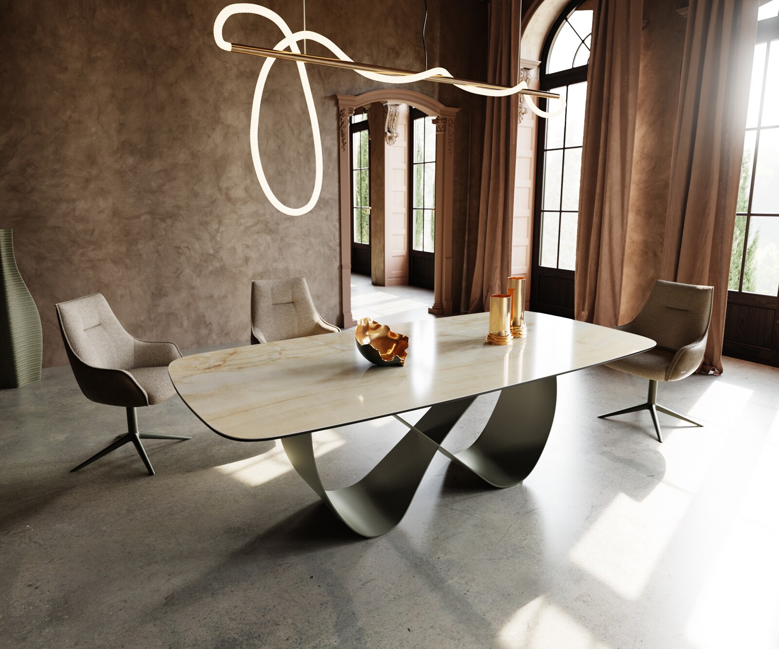 Table à manger Edge Boot 240x120 cm Céramique Iris FMG Onice Oro Infinity Métal Finition effet Titan 1