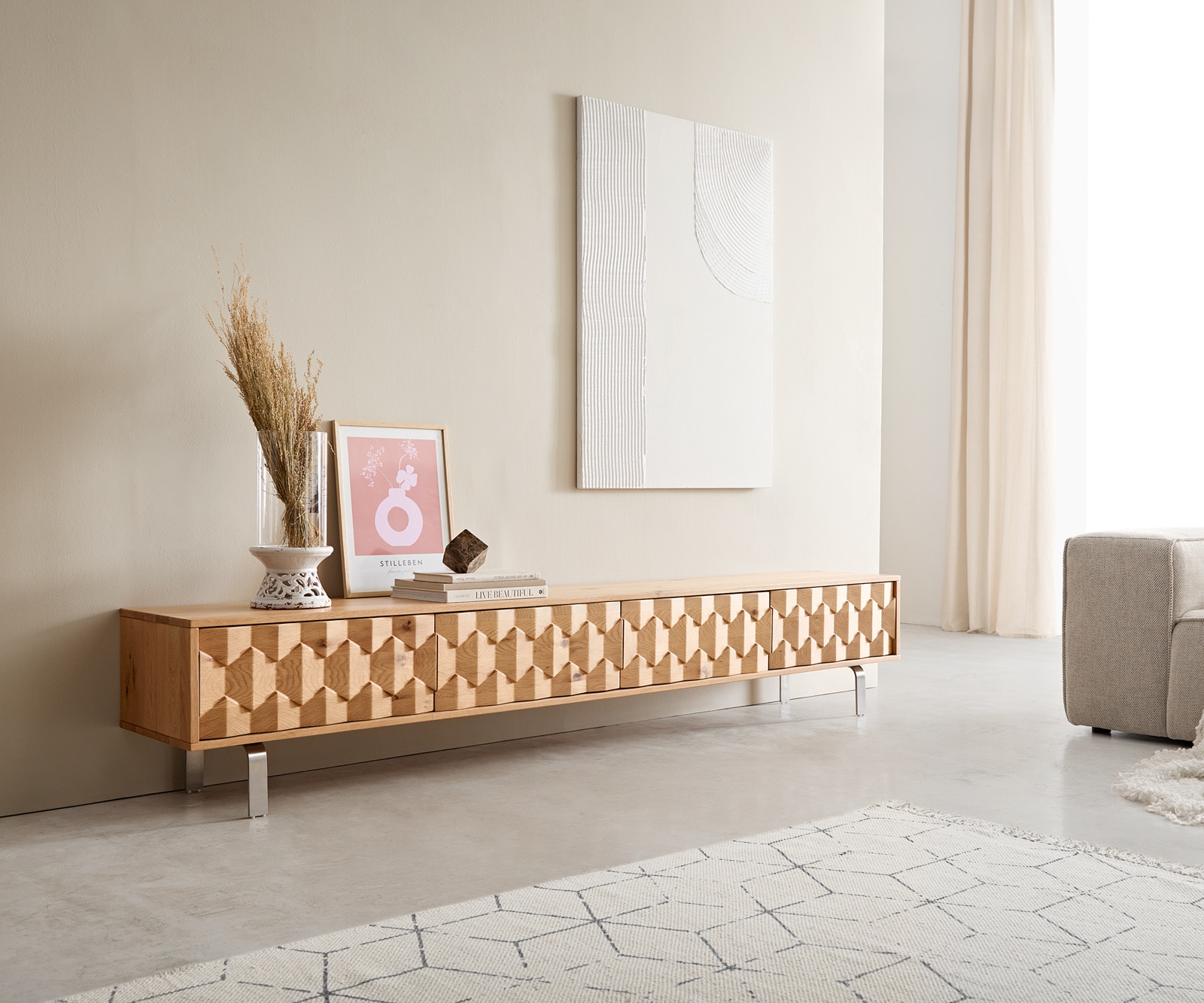 Meuble-TV Fevo 220 cm chêne naturel 4 portes pied en L inoxydable Meuble-TV Fevo 220 cm chêne naturel 4 portes pied en L inoxydable