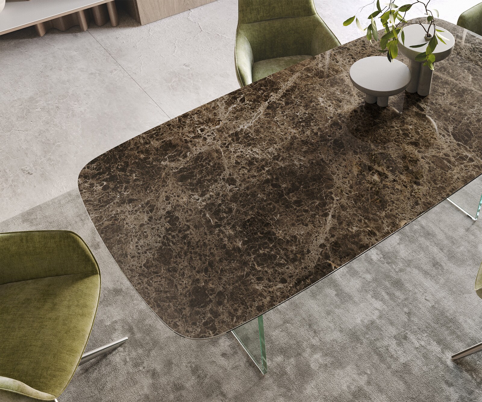 Table de salle à manger Edge Boot Céramique Emperador Extra Lucidato Brun foncé 200x100 Piètement Verre 3
