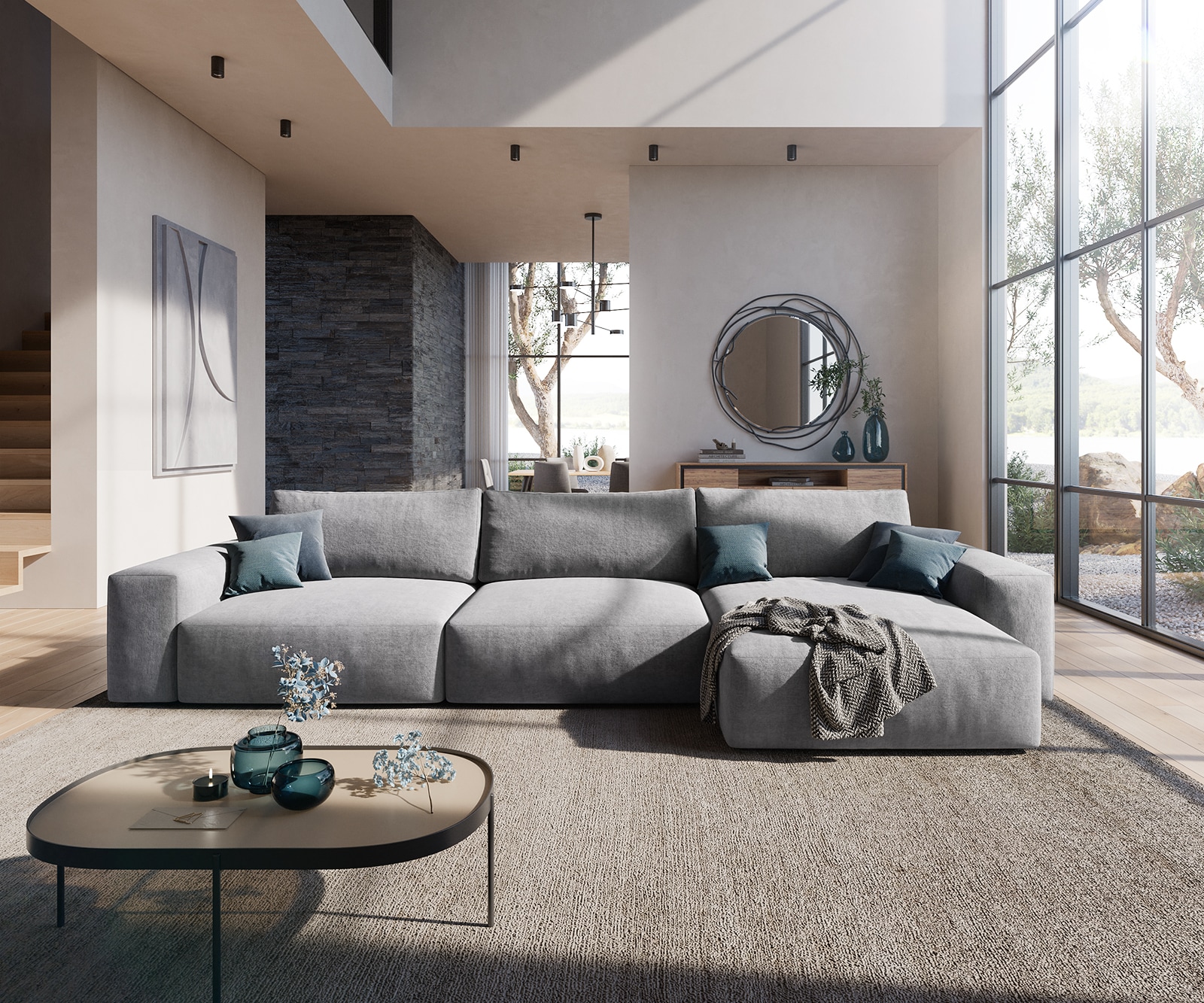 Canapé d'angle Lanzo XL 380x180 cm Microfibre Gris Recamière variable 1 Canapé d'angle Lanzo XL 380x180 cm Microfibre Gris Recamière variable 1