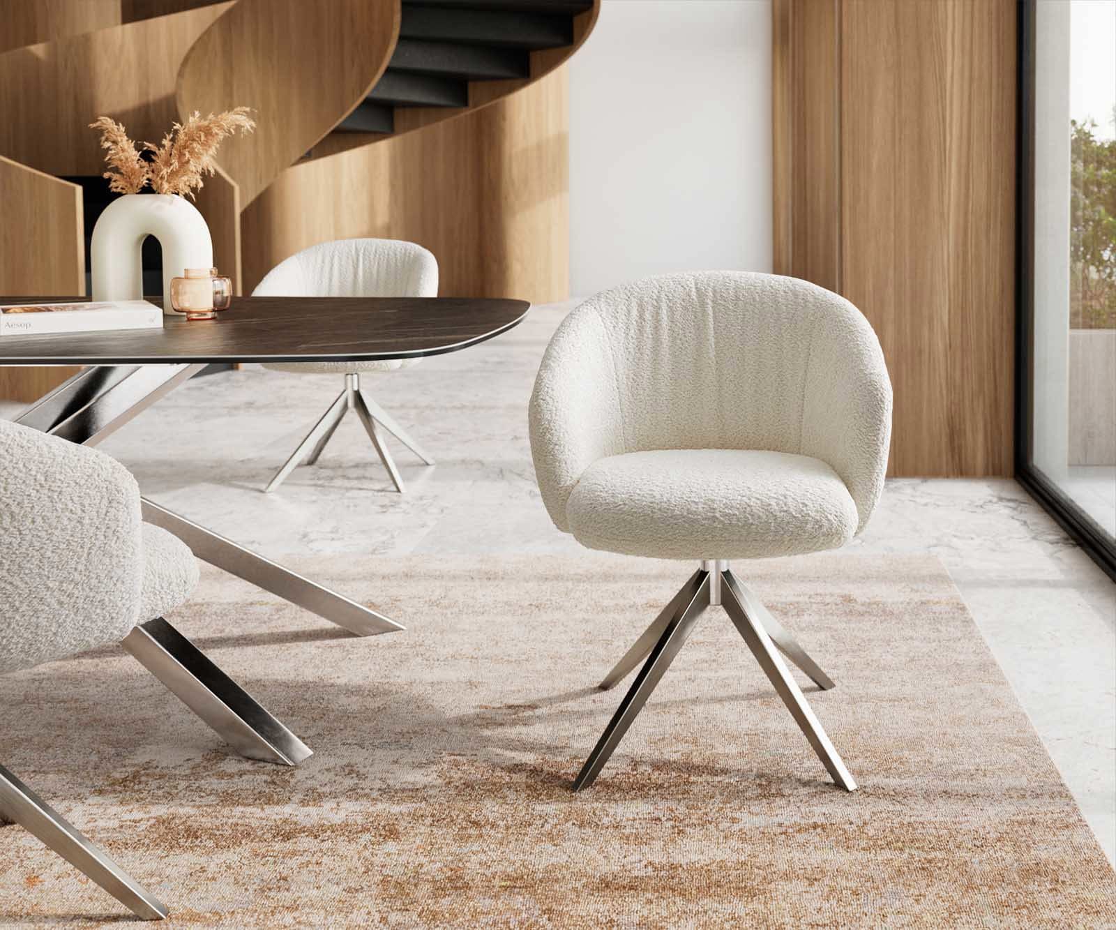Chaise-pivotante Caja-Flex avec accoudoirs bouclé blanc pied croisé large acier inoxydable brossé pivotement sur 360° ressorts ensachés 1 Chaise-pivotante Caja-Flex avec accoudoirs bouclé blanc pied croisé large acier inoxydable brossé pivotement sur 360° ressorts ensachés 1