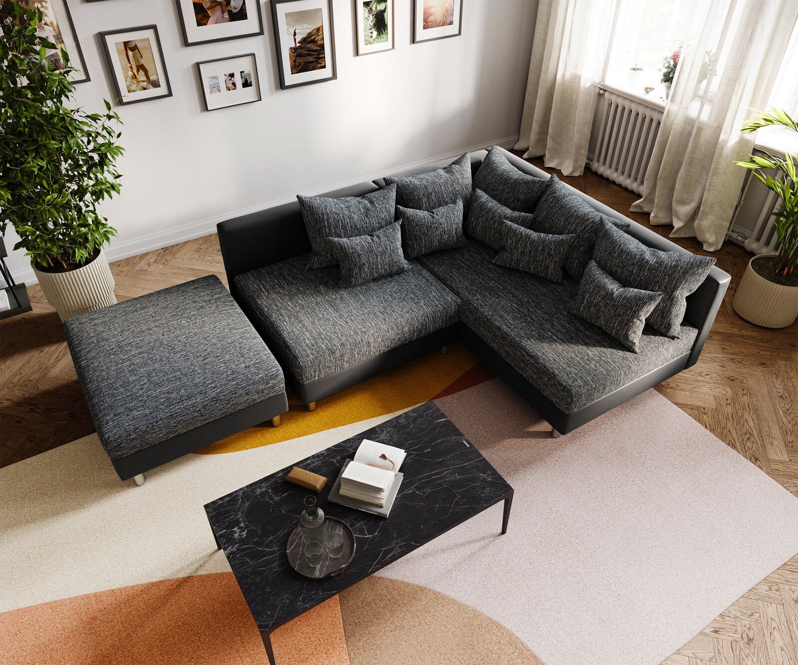 Canapé-d'angle Clovis noir avec tabouret ottoman droite modulaire 5
