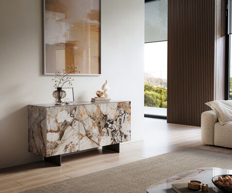 Buffet Cuor 150 cm Céramique Patagonia raffinée 3 Portes Pied optique flottant Métal Noir