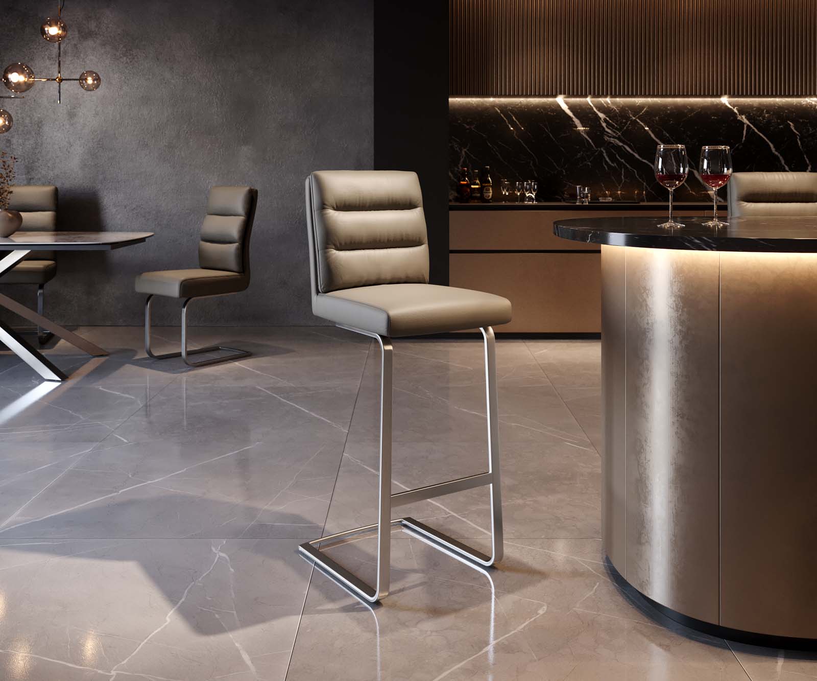 Chaise-de-bar Pela-Flex cuir véritable boue cadre luge plat acier inoxydable ressorts ensachés 2