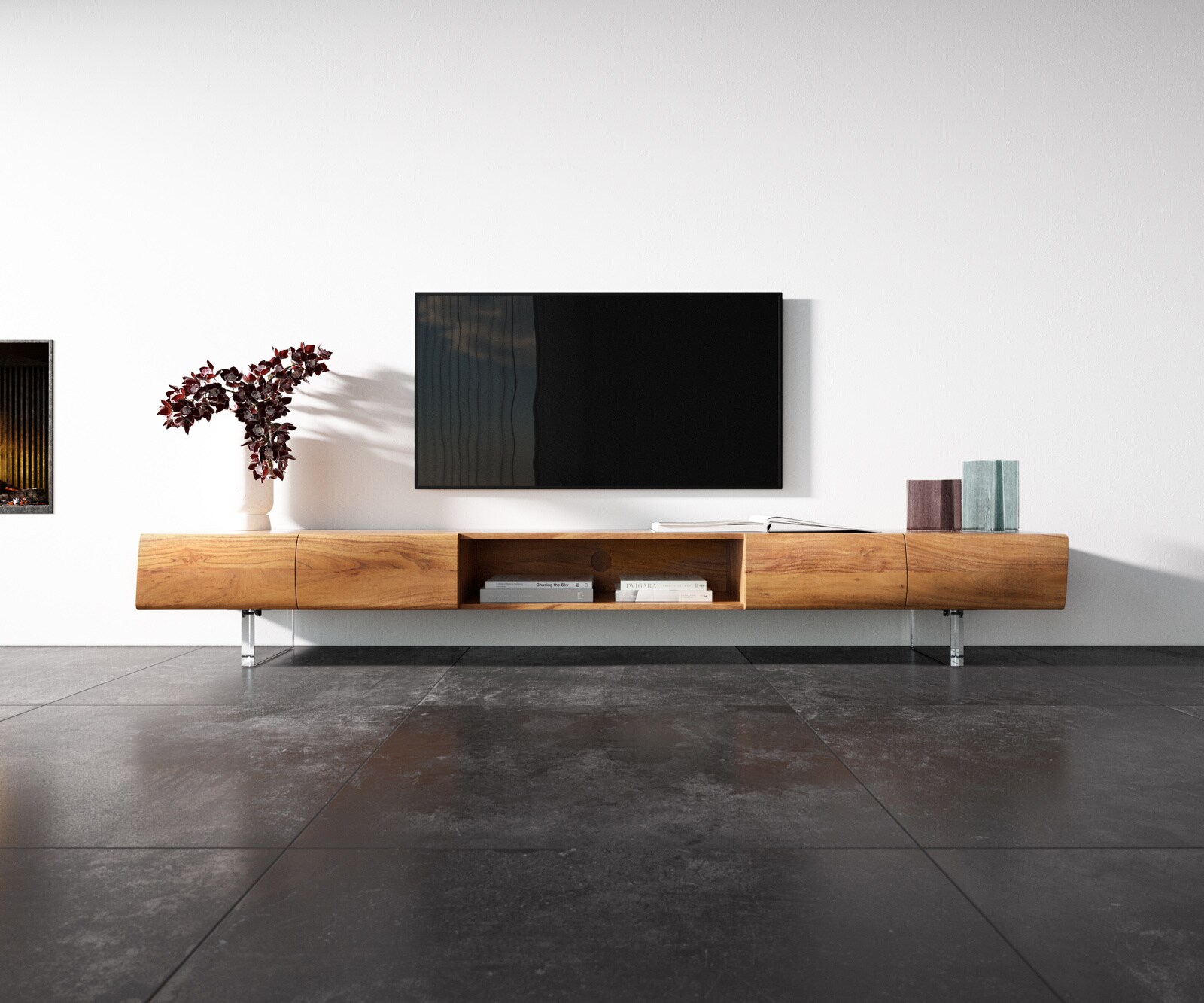 Meuble-TV New Live-Edge 240 cm acacia naturel 4 portes 1 compartiment pied acrylique 3