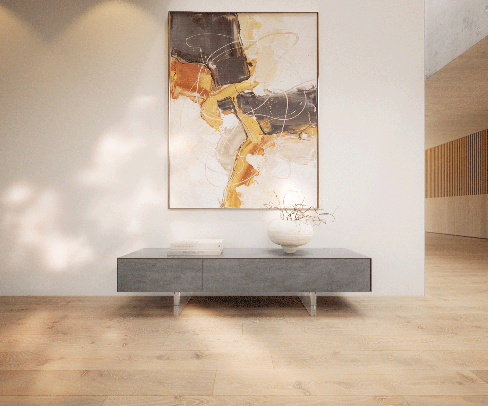 Meuble-TV Cuor 150 cm Céramique Béton gris 1 Clapet 1 Tiroir Pied optique flottant Verre acrylique 2