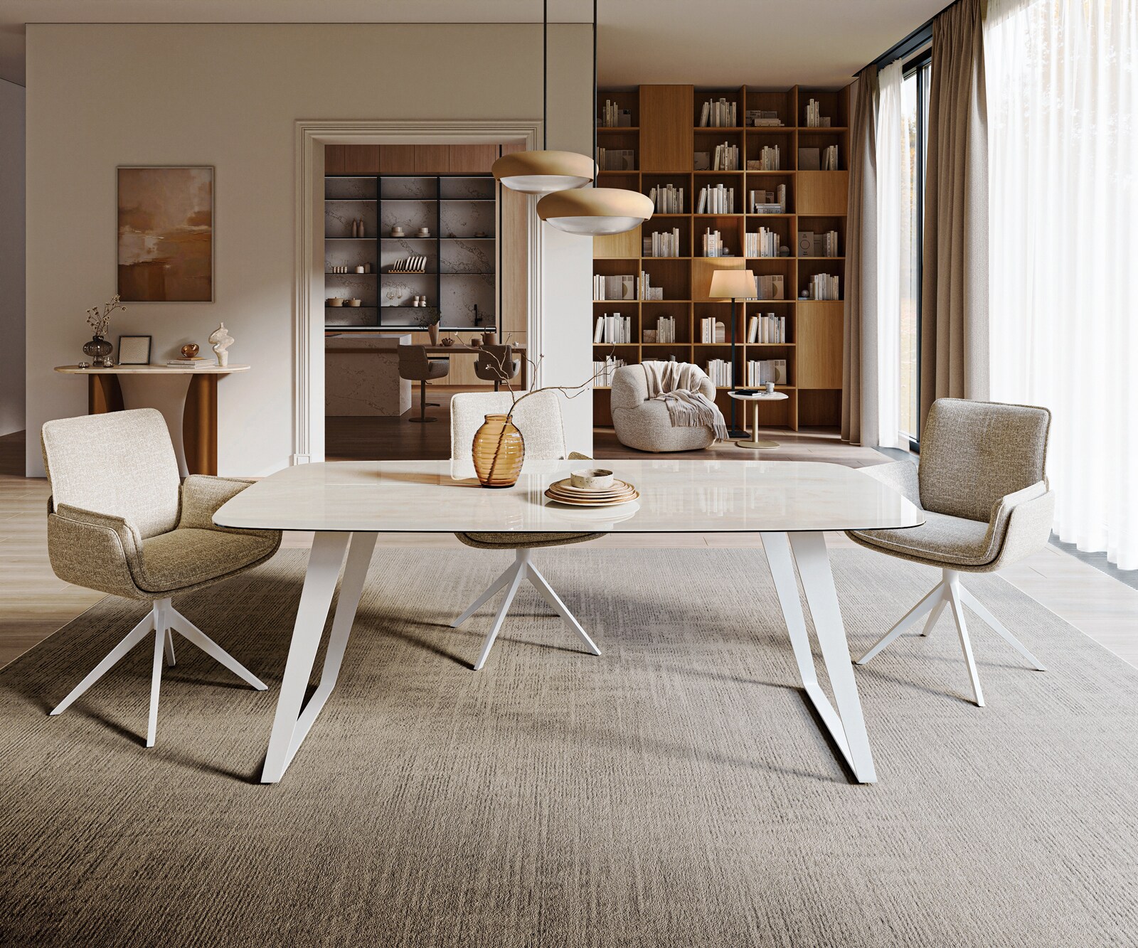 Table à manger Edge bateau 200x100 cm céramique Onyx Champagne piètement incliné métal blanc 1