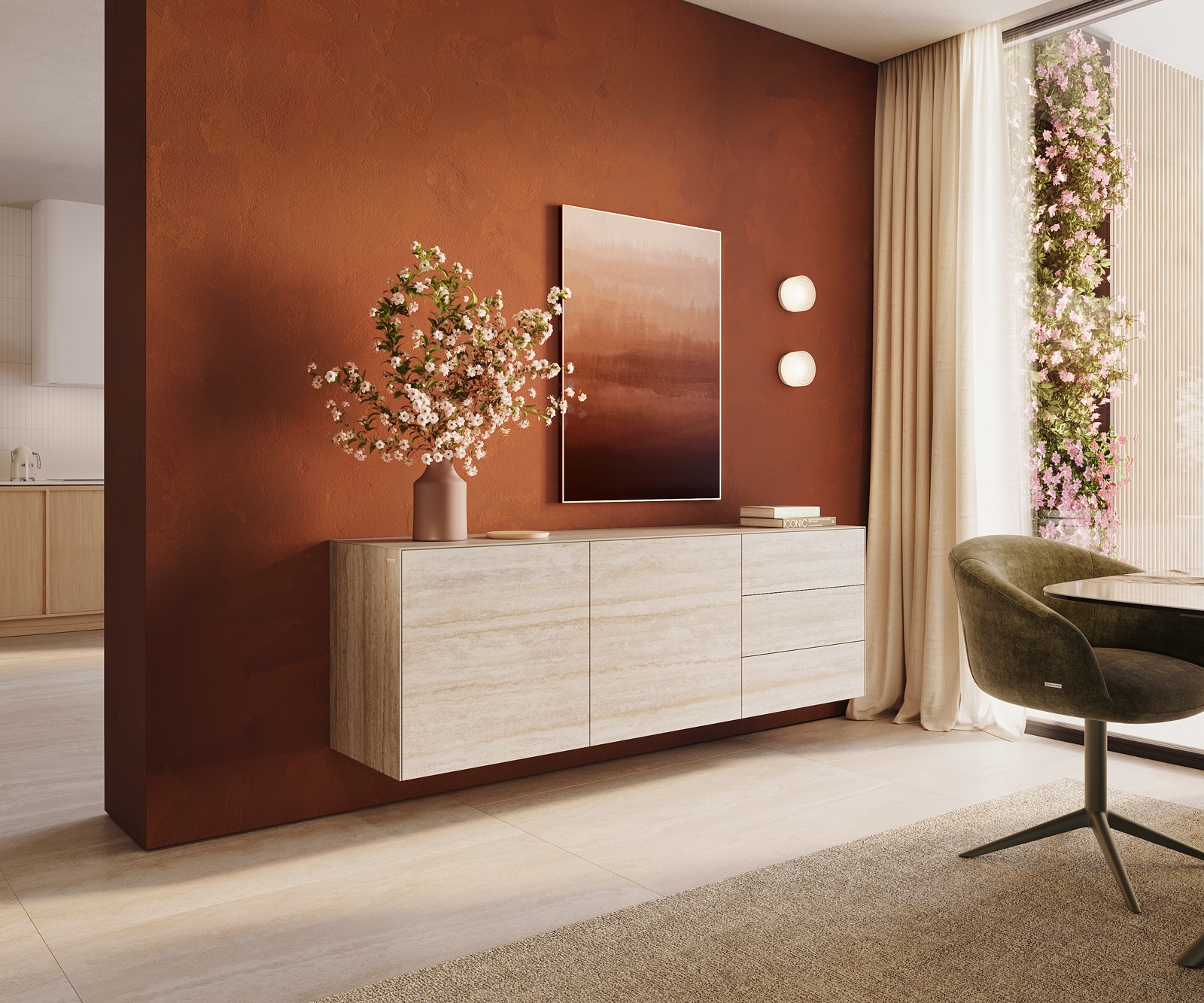Buffet Cuor 180 cm Céramique Laminam® Travertino Bianco Crème-blanc 2 Portes 3 Tiroirs Flottant