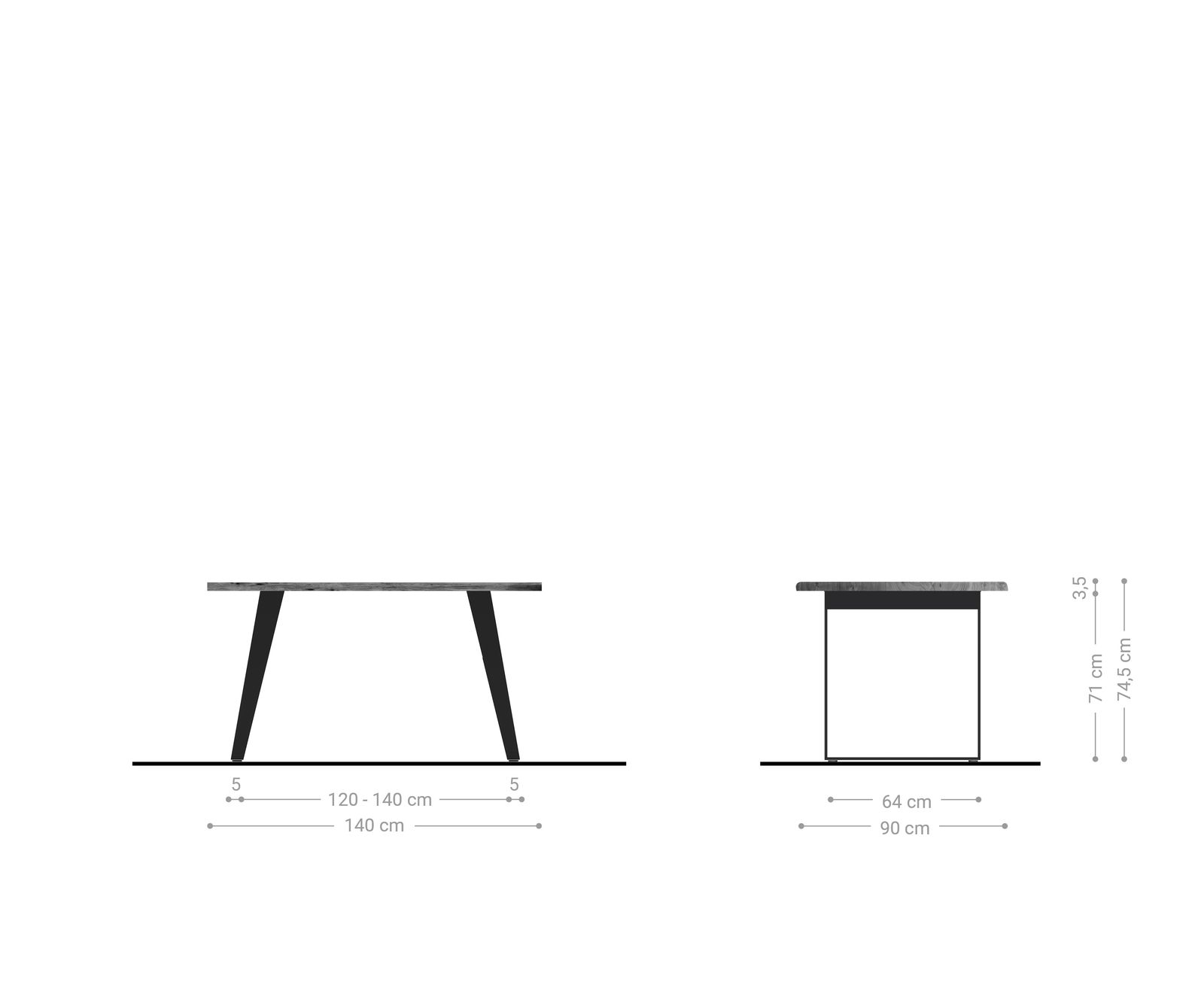 Table-à-manger Edge 140x90cm acacia nature acier inoxydable argent incliné Live-Edge 6