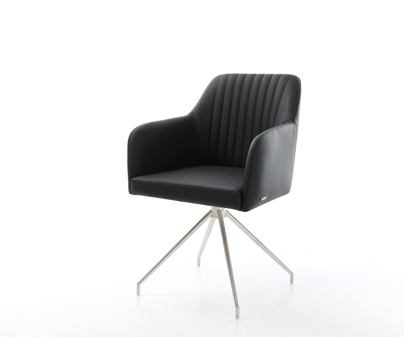 Chaise-de-salle-à-manger Greg-Flex cuir de vache noir pied croisé conique acier inoxydable brossé ressorts ensachés 1