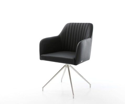Chaise-de-salle-à-manger Greg-Flex cuir de vache noir pied croisé conique acier inoxydable brossé ressorts ensachés