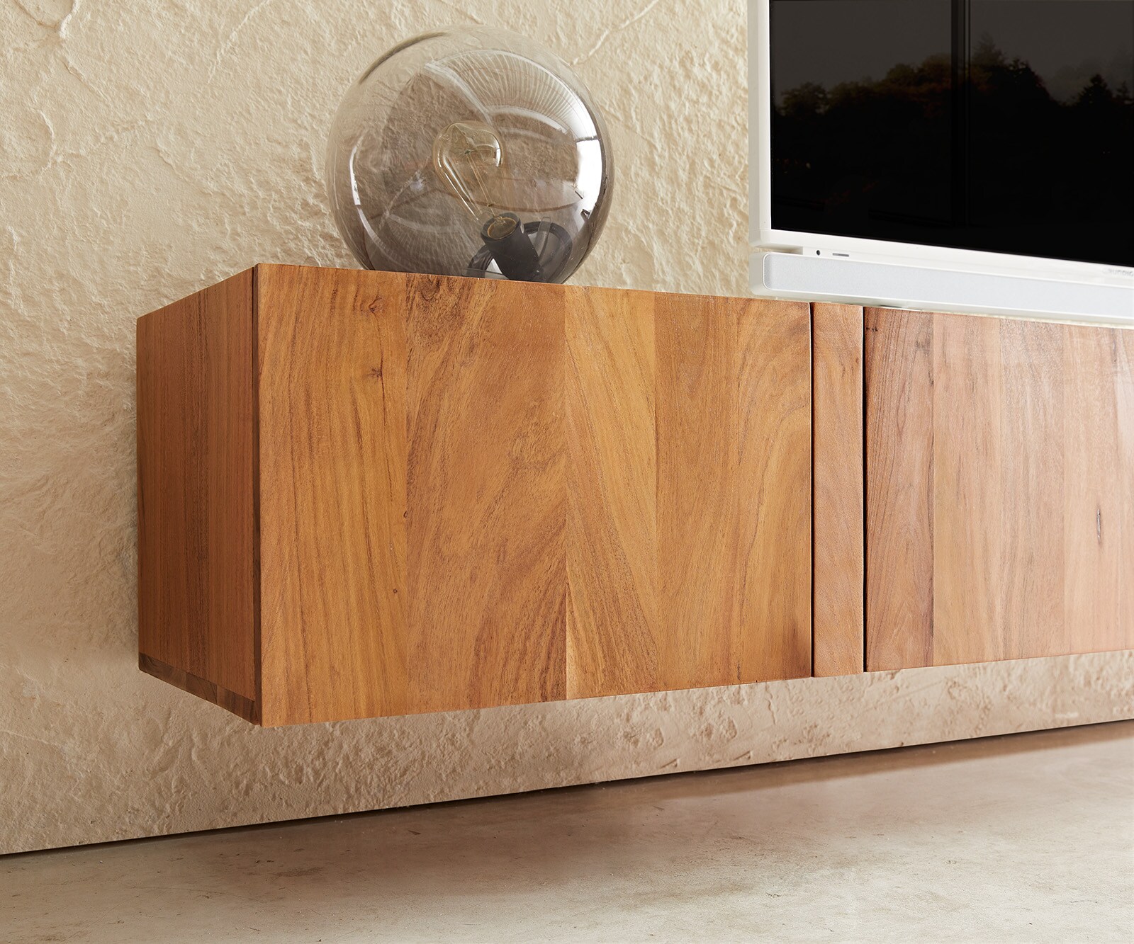 Meuble-TV Secara 200 cm acacia naturel 4 portes marbre flottant 4