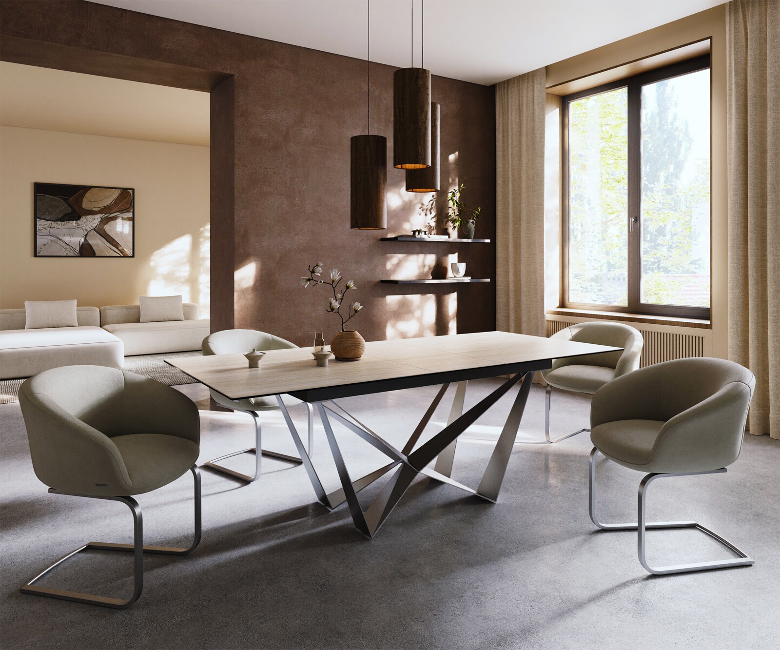 Table à manger Edge 180-220x100 céramique Laminam® Travertino Bianco crème-blanc Spider acier plat acier inoxydable extensible 6