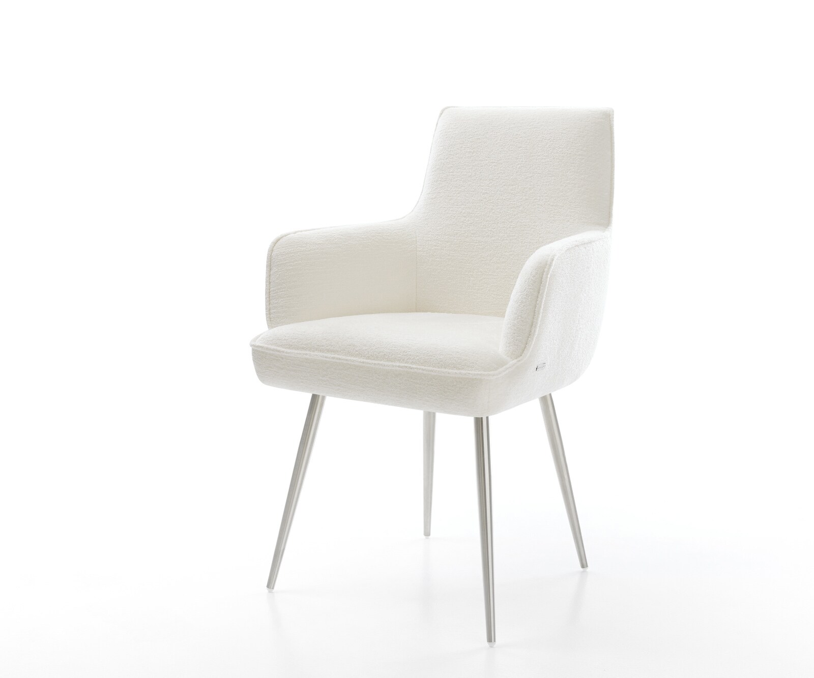 Chaise-de-salle-à-manger Heira-Flex avec accoudoirs bouclé doux beige 4 pieds coniques acier inoxydable resorts ensachés 1