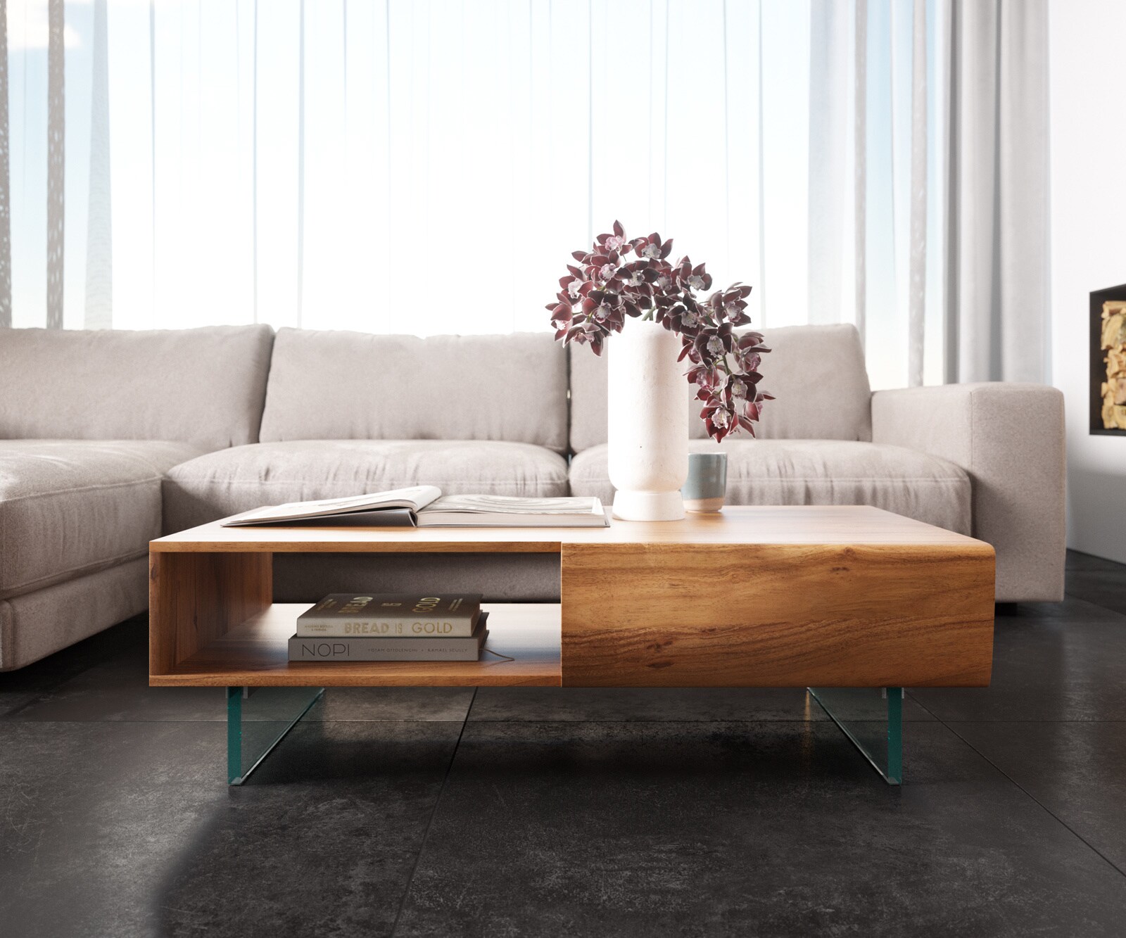 Table basse New Live-Edge 115x60 cm acacia naturel 2 tiroirs 1 compartiment pieds en verre  2