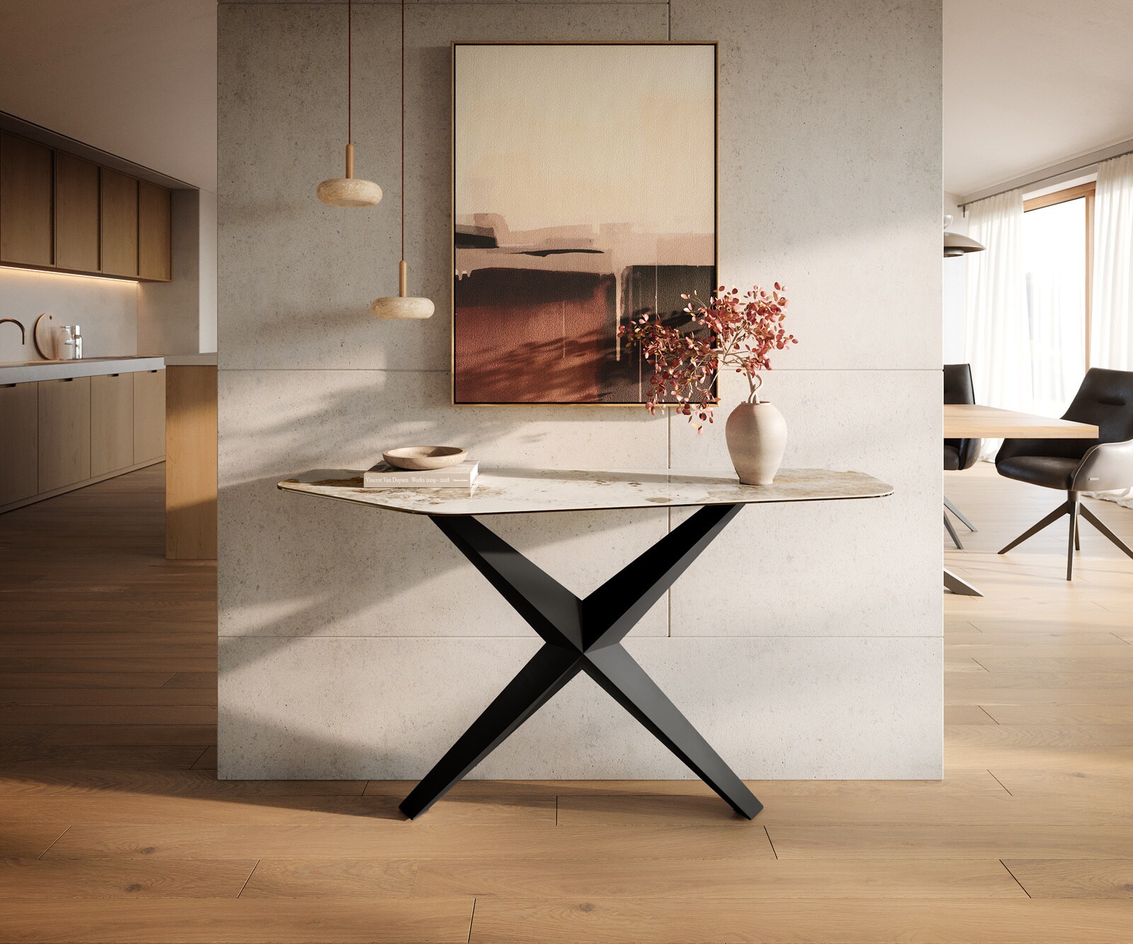 Console Edge Polygonal 140x50 cm Céramique Minas Melange Weiß-Beige Zentharo Métal Noir 3