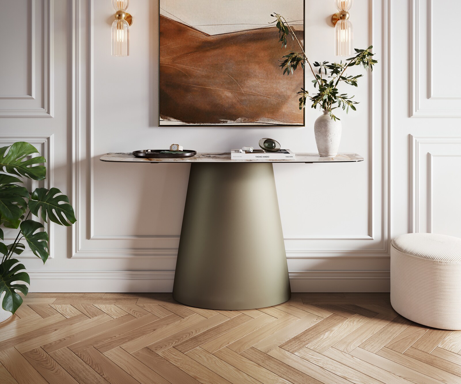 Console Edge forme bateau 140x40 cm Céramique Patagonia Poliert Conos Métal Effektfinish Titan
