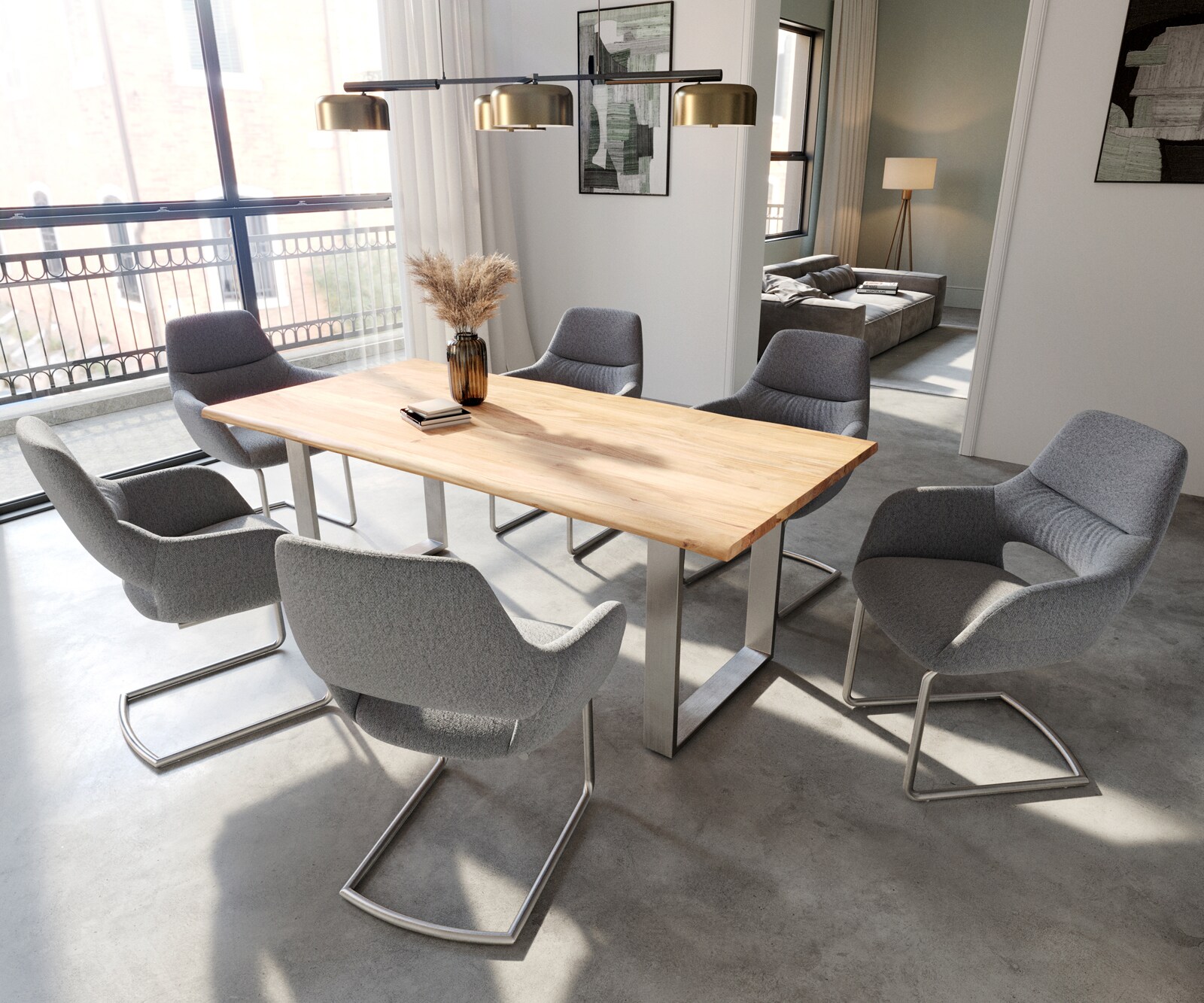 Cantilever Yago-Flex avec accoudoirs tissu texturé gris clair pied cantilever rond acier inoxydable brossé ressorts ensachés 3 Cantilever Yago-Flex avec accoudoirs tissu texturé gris clair pied cantilever rond acier inoxydable brossé ressorts ensachés 3