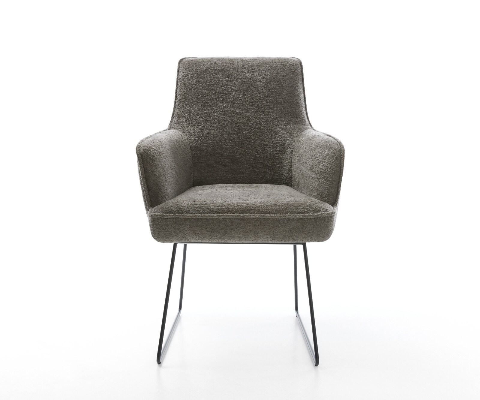 Chaise-de-salle-à-manger Heira-Flex avec accoudoirs bouclé doux couleur boue pied trapèze noir resorts ensachés 2