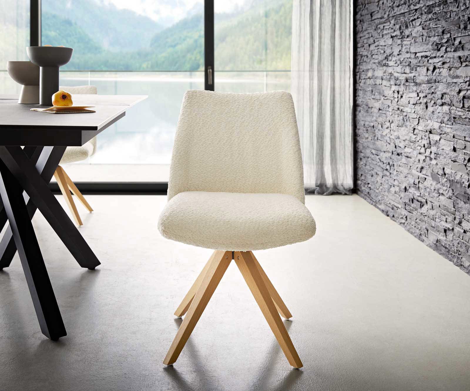 Chaise-pivotante Elso-Flex bouclé blanc pied en bois angulaire naturel pivotement sur 180° ressorts ensachés 1