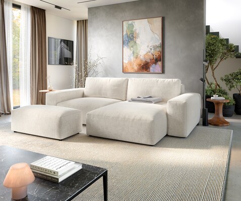 Canapé d'angle Lanzo XL 270x180 cm Tissu texturé doux Beige Méridienne modulable avec pouf