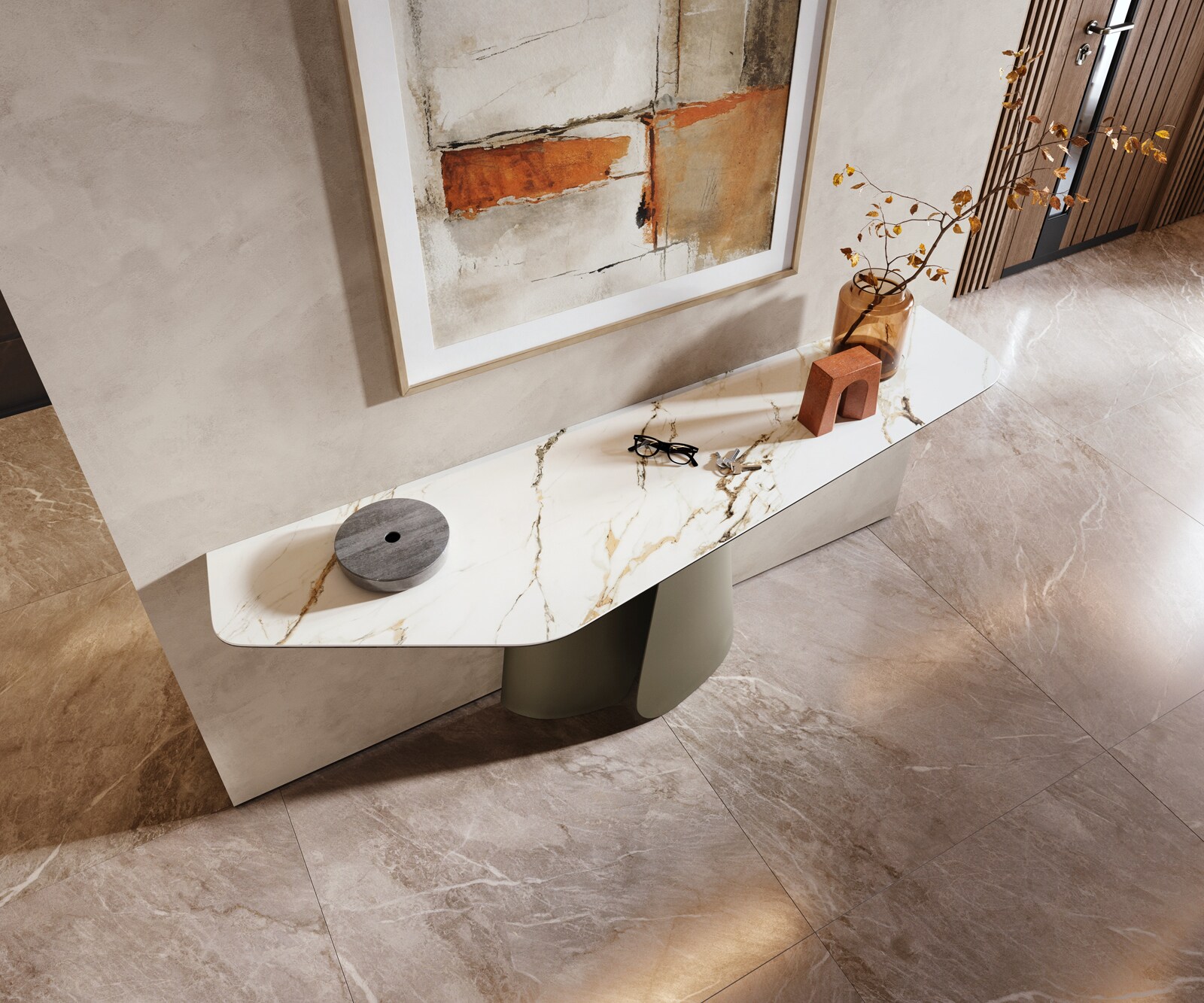 Console Edge Polygonal 180x50 cm Céramique Calacatta Luxe Weiß-Gold-Gris Livos Métal Effektfinish Titan 1