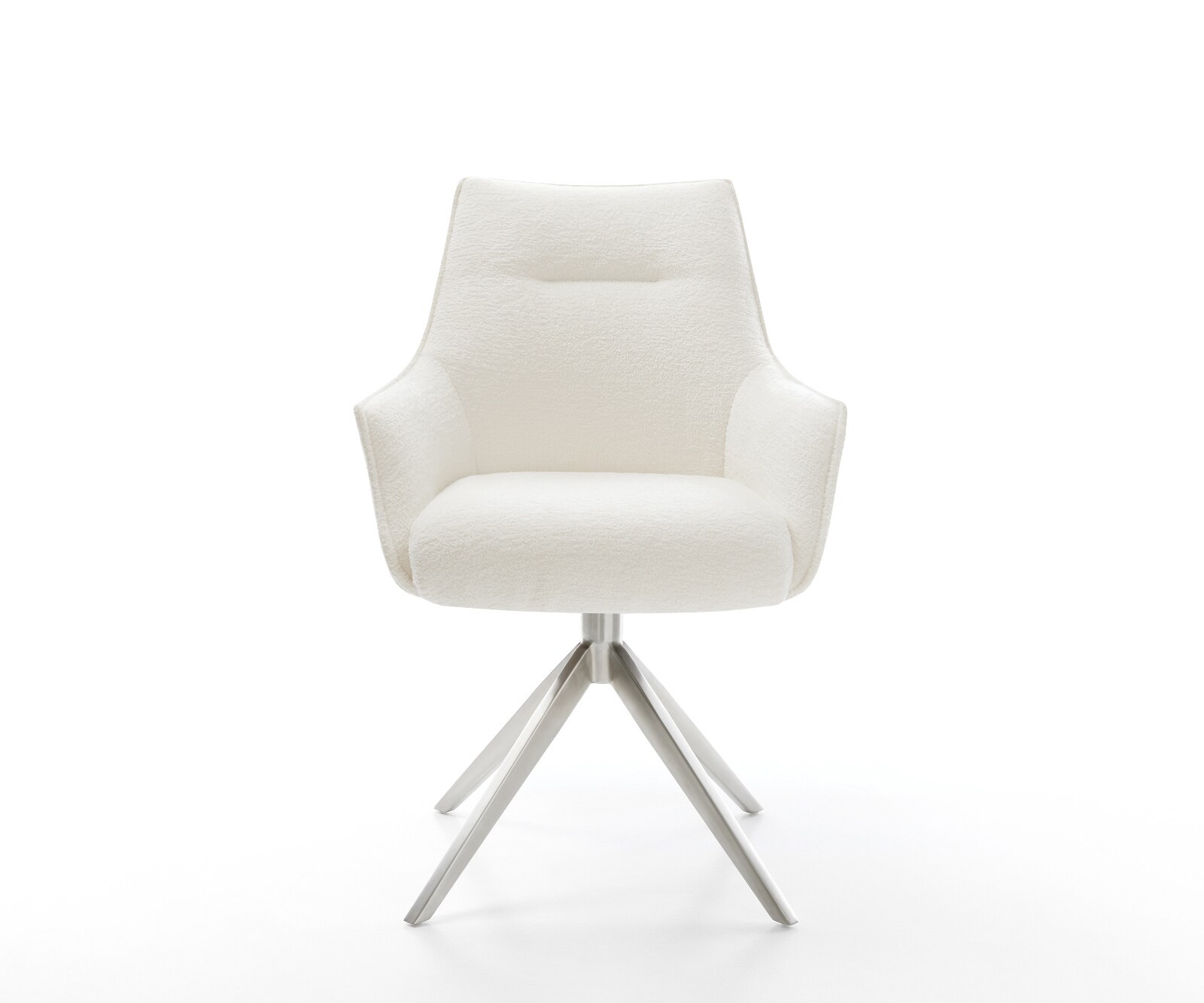 Chaise-pivotante Alja-Flex avec accoudoirs bouclé doux beige pied croisé large acier inoxydable pivotement sur 360° fonction bascule resorts ensachés 1