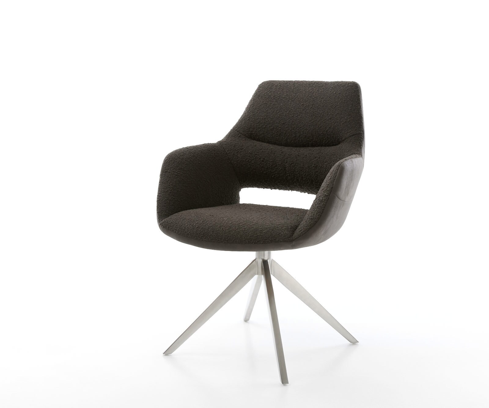 Chaise-pivotante Yago-Flex avec accoudoirs tissu mixte noir pied croisé large acier inoxydable brossé pivotement sur 360° fonction bascule ressorts ensachés