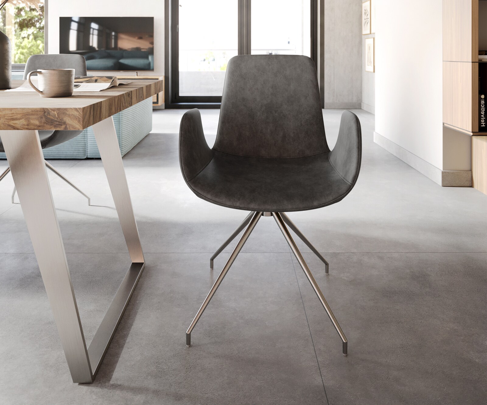 Chaise-de-salle-à-manger Ilia-Flex avec accoudoirs microvelours anthracite vintage pied croisé conique acier inoxydable brossé 1