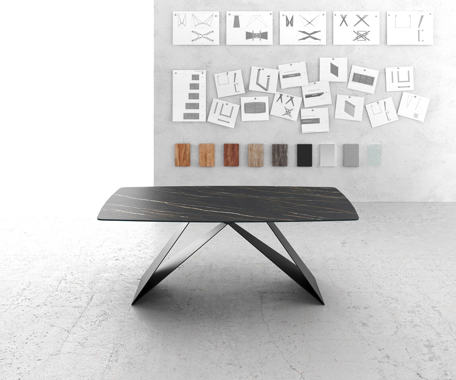 Table-à-manger Edge forme Boot 200x100cm Laminam® céramique marron V-pieds milieu noir 2