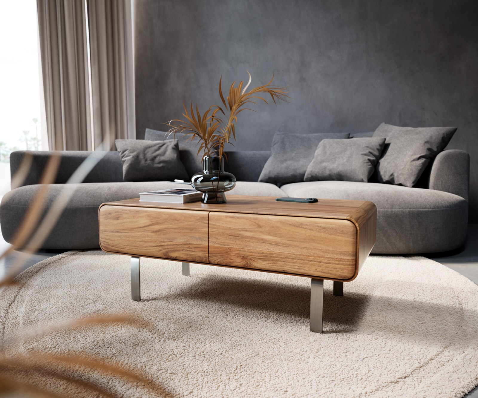 Table-basse Anaya 100x50 cm acacia naturel 2 tiroirs pied en L inoxydable 3