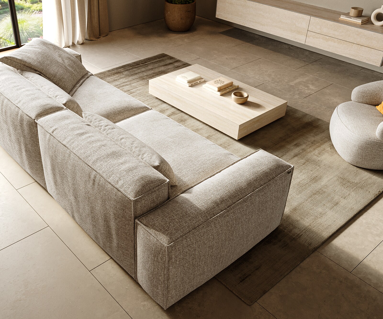 Bigsofa Freestyle 280x110 cm Tissu tissé doux Beige couture passepoilée 3