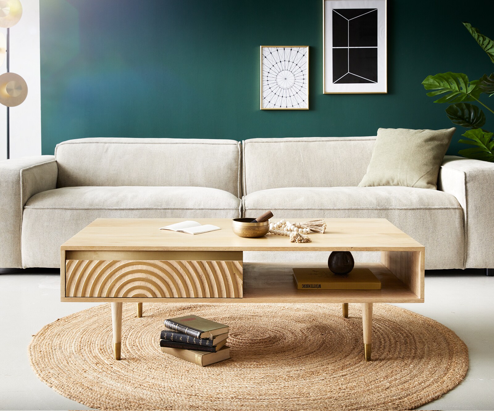Table-basse Budaya 115x60 cm Manguier Naturel 2 tiroirs Pied rond 1
