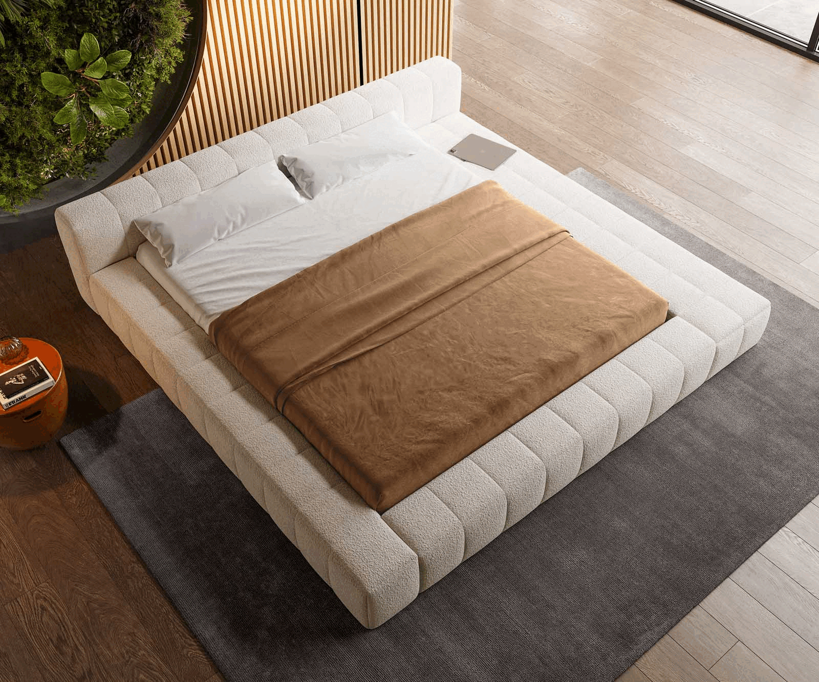 Sommier-Espazio 180x200 cm Bouclé Crème-Blanc avec espace de rangement 4
