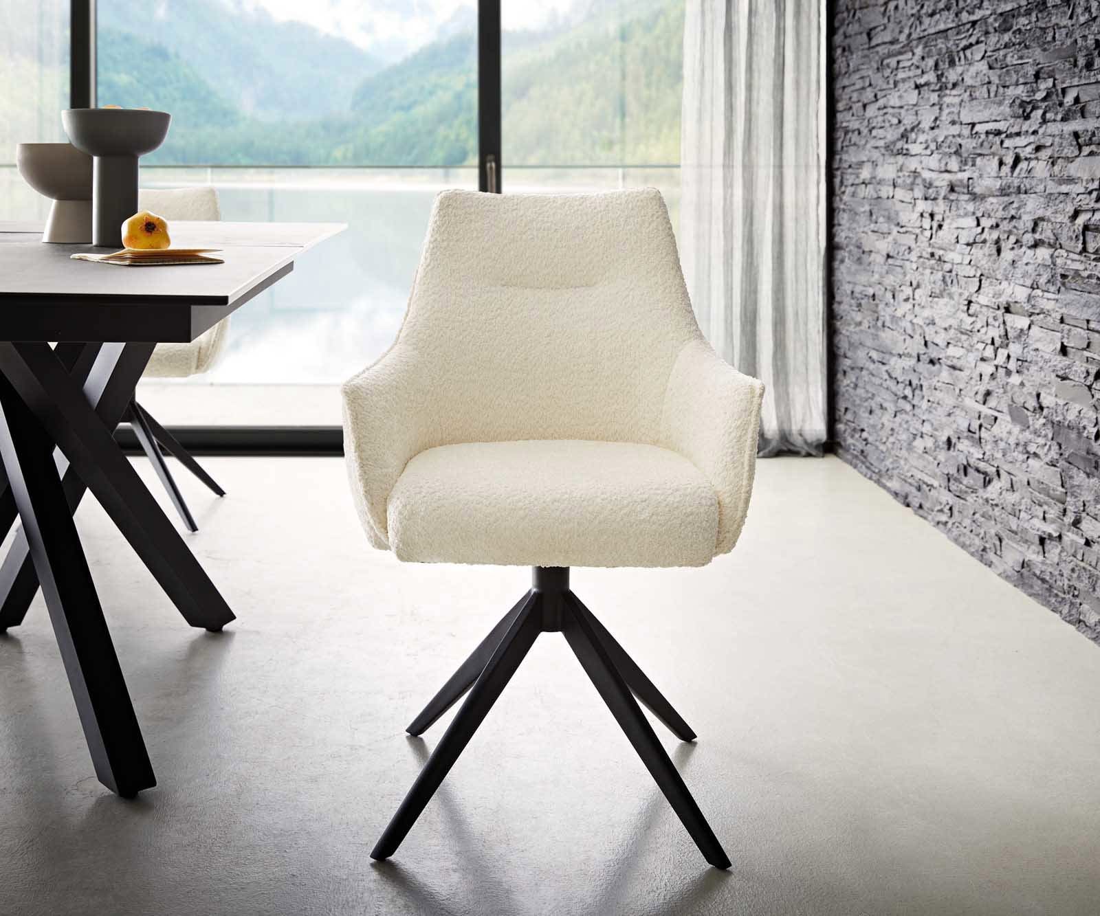 Chaise-pivotante Alja-Flex avec accoudoirs bouclé blanc pied croisé large noir pivotement sur 360° ressorts ensachés 1 Chaise-pivotante Alja-Flex avec accoudoirs bouclé blanc pied croisé large noir pivotement sur 360° ressorts ensachés 1