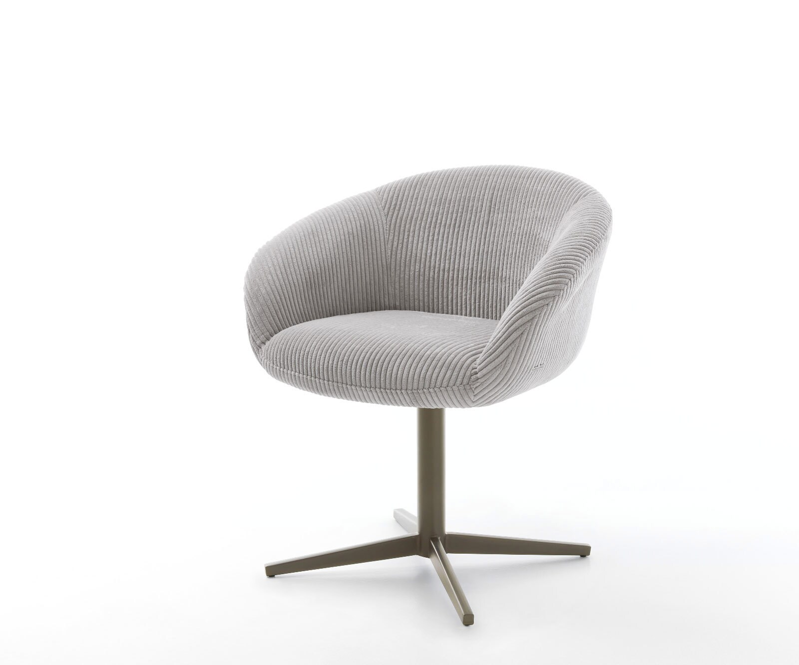 Chaise-pivotante Vinka-Flex avec accoudoirs côtelé gris argenté pied de chaise 4 branches aspect titane pivotement sur 360° ressorts ensachés