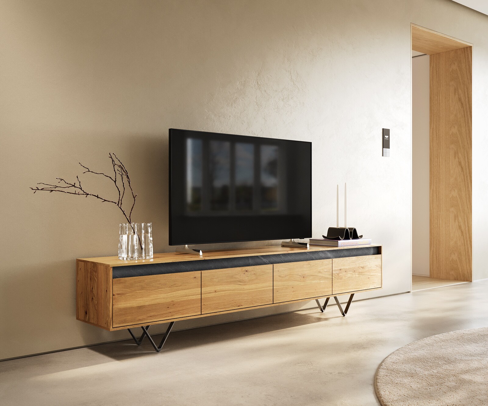 Meuble-TV design Stonegrace 200 cm chêne naturel ardoise 4 tiroirs pied en V métal noir